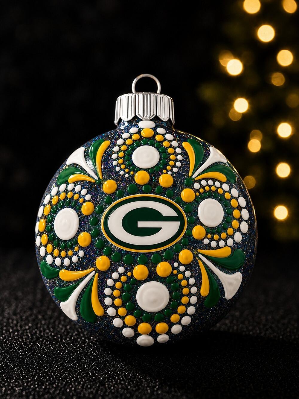 Green Bay Packers Hand-Painted Shatterproof Ornament 3” Dot Mandala